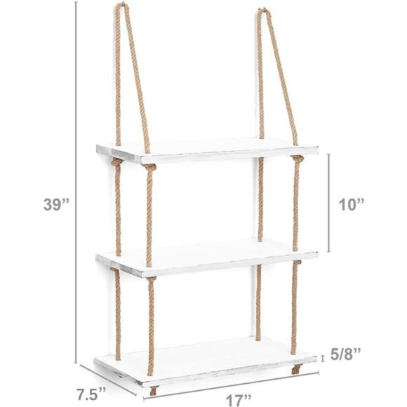 Hanging Shelves 3 Tier White Wood Wall Mount Floating Shelf with Rope Boho Decor - Picture 3 of 6